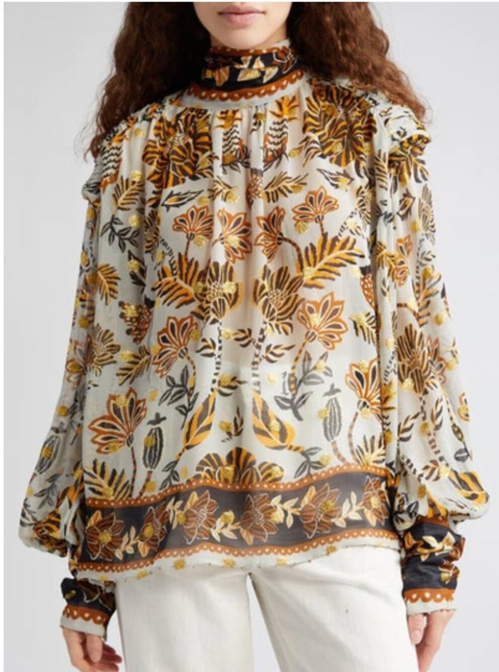 NWT Farm Rio Silver Floral Tapestry Blouse XL High Neck Open Back Tie $250